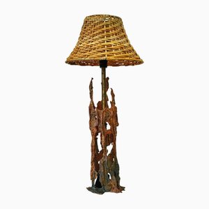 Mid-Century Scandinavian Brutalist Table Lamp in Copper and Rattan, Sweden, 1960s