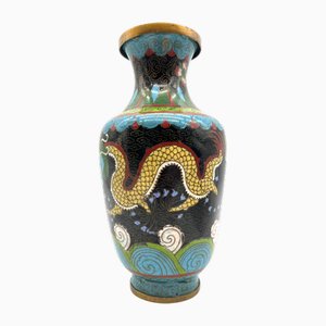 Antike Cloisonné Vase mit Drachenmotiv Emaille & Messing, China, 1900er