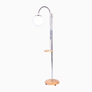 Bauhaus Floor Lamp in Chrome, Beech and Opaline Milk Glass, Czech, 1930s