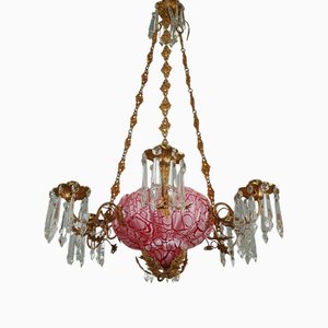 Lampadario antico in bronzo dorato e vetro, XIX secolo