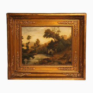 Paesaggio romantico con tempio, 1800, Olio su tavola, con cornice