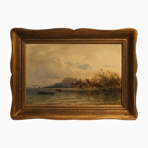 Alfred Metzener, Rameurs sur un Lac, 19ème Siècle, Huile sur Bois, Encadrée