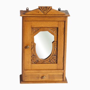 Small Art Deco Wooden Apothecary Wall Cabinet with Mirror and Carved Details