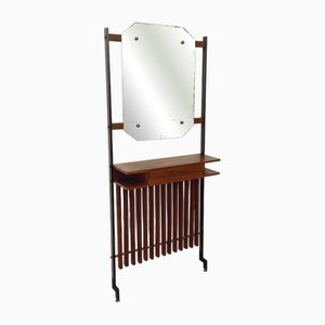 Italienischer Mid-Century Flurschrank aus Teak & Metall mit Spiegel, Regalen und Schublade, 1950er-1960er