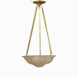 Art Deco French Ceiling Light in Brass & Glass, 1930s