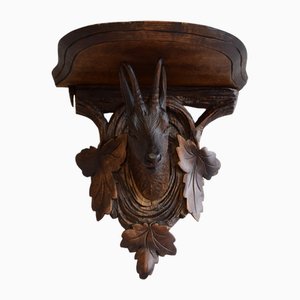 French Black Forest Hand Carved Wood Chamois Deer Wall Shelf Bracket, 1890s