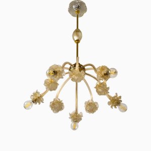Vintage 5 Light Murano Blown Glass Chandelier with Transparent Gold Dust attributed to Archimede Seguso for Seguso Vetri Darte, 1950s