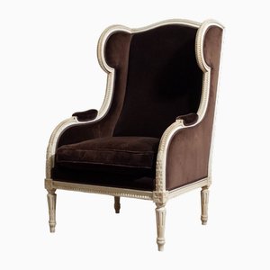 Fauteuil Louis à Oreilles en Velours Marron, 19ème Siècle