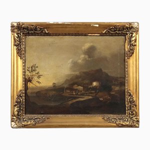 Landscape with Figures and Buildings, Oil Painting, Framed