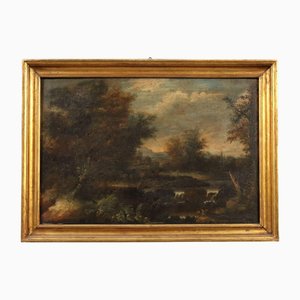 Paisaje con río, pintura al óleo, enmarcado