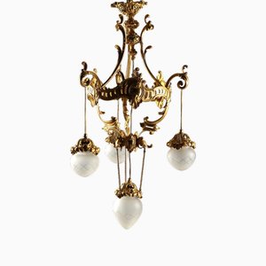 Lustre à Quatre Lumières en Bronze Ciselé et Doré