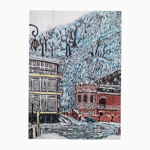 Dimitri Turava, A Street in Snowy Borjomi, 2025, Oil Pastel on Paper