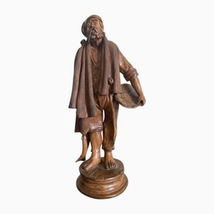 Late 20th Century Carved Wooden Fisherman Sculpture, Italy