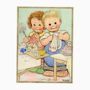 Phyllis M. Purser, Girl & Boy 'Perfect Husband' Washing Up, 1950, Watercolour