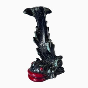 Portacandele scultoreo in ceramica nera, rossa e verde, Francia, anni '60