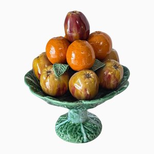 Mid-Century Ceramic Fruit Basket Hand-Painted Green & White Bowl, 1960s