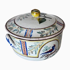 Terrine Rustique Provençale en Faïence Peinte à la Main avec Motif Oiseau & Botanique
