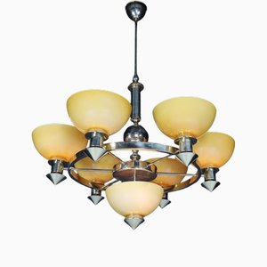Sculptural Italian Chandelier in Brass & Amber-Gold Opaline Glass, 1970s