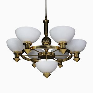 Sculptural Italian Chandelier in Brass & Opaline Glass, 1970s