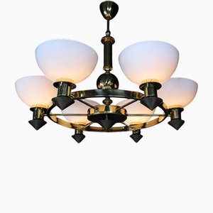 Brass and White Opaline Glass Chandeliers, Italy, 1970s