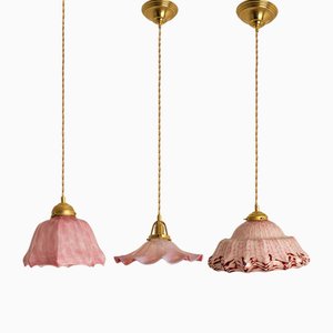 Art Deco Ruffled Murano Hand Blown Glass Pendants in Pink and White, 1940