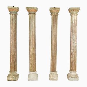 Antique Columns in Patinated Wood with Stone Bases, Set of 4