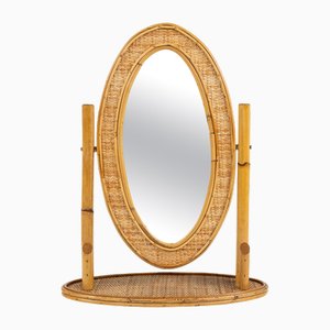 Mid-Century Oval Table Vanity Mirror in Bamboo, Rattan and Wicker, Italy, 1970s