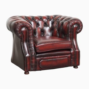 English Red Cowhide Chesterfield Club Chair with Decorative Nails