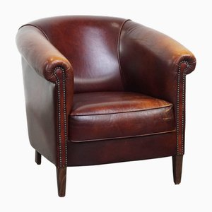 Silla Club inglesa de cuero con cojín de asiento fijo