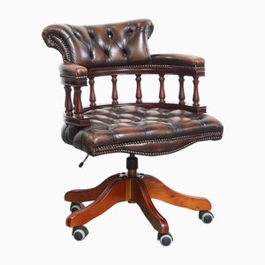 Adjustable Dark Brown Height Cowhide and Wooden Chesterfield Office Chair on Wheels