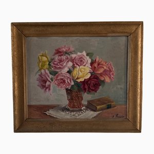 J. Bernard, Still Life with a Vase of Roses, Oil on Panel, Framed