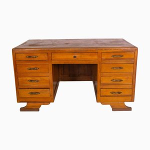 Large Vintage Wooden Desk with Double Drawer Unit and Shaped Legs