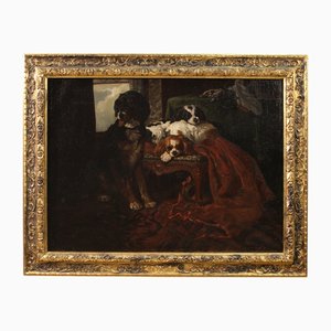 Artista francés, Escena interior con perros, 1840, óleo sobre lienzo, enmarcado