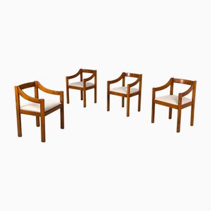 Modern Italian Chairs with Armrest in Wood and Beige Fabric, 1970s, Set of 4