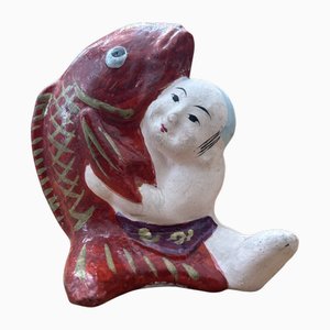 Statuetta Kintarō vintage con carpa, Giappone, anni '50