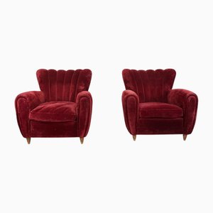 Armchairs in Burgundy Velvet, 1940, Set of 2
