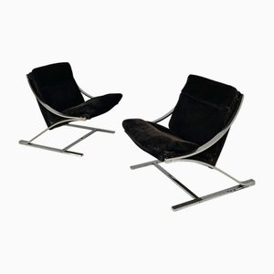 Modern Italian Chromed Steel and Velvet Zeta Armchairs by Paul Tuttle for Strassle International, 1970s, Set of 2