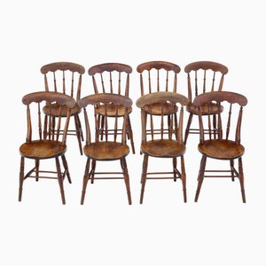 Antique Victorian Elm and Beech Kitchen Dining Chairs, 1890s, Set of 8