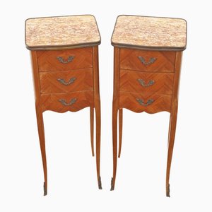 Petites Tables de Chevet Antiques en Marqueterie avec Dessus en Marbre, 1940s, Set de 2