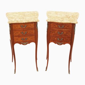Tables de Chevet Antiques en Marqueterie avec Dessus en Marbre, 1940s, Set de 2