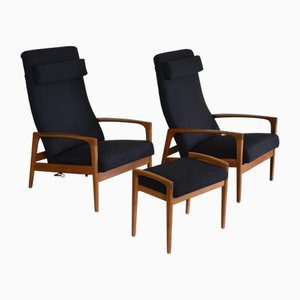 Mid-Century Modern Highback Chairs with Ottoman by Ib Kofod-Larsen, 1950s, Set of 3