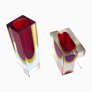 Sommerso Murano Glas Vase & Aschenbecher in Rot & Gelb, 1950er