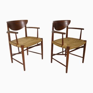 Danish Teak Model No. 317 Armchairs with Paper Cord Armrests by Peter Hvidt & Orla Molgaard-Nielsen for Soborg Mobelfabrik, 1960s Set of 2