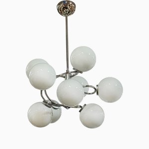 Art Deco Chrome Chandelier with Opaline Glass Shades, 1930s