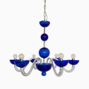 Lustre à Six Lumières en Cristal de Verre de Murano Bleu par Master Walter Furlan, 1985