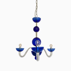 Three-Light Chandelier in Blue Crystal Murano Glass by Master Walter Furlan, 1985