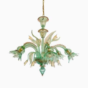Kronleuchter mit 6 Leuchten aus goldfarbenem Muranoglas in Rubingrün von Master Walter Furlan, 1986