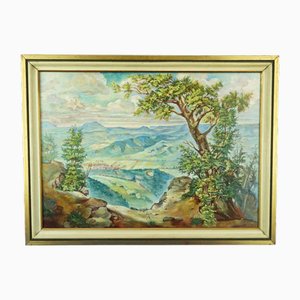 Hans Lang, Post-Impressionist City and Mountains, 1957, Oil Painting on Masonite