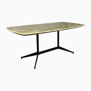 Mesa de comedor italiana de metal y mármol ónix con forma rectangular redondeada, años 60