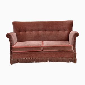 Dänisches 2-Sitzer Sofa aus Möbelvelours & Buchenholz in Lachsrosa, 1970er